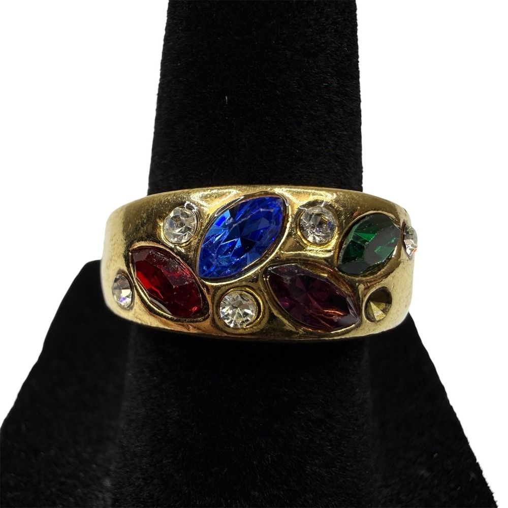 Vintage Style Gold Tone Multi-Color Rhinestone Marquise & Round Ring Sz 5.5